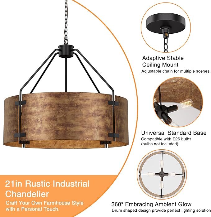 Espird Farmhouse Drum Chandelier, 4-Light, 22in Pendant Light Fixture with Chain, Kitchen Island Pendant Over Table, Rustic Industrial Chandelier for Dining Room, Bedroom, Living Room, Foyer