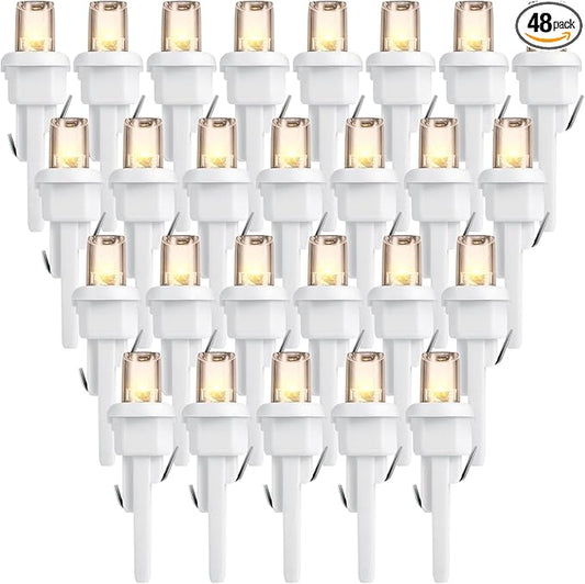 Honoson 48 Count 5 mm LED Halloween Replacement Bulbs Bulk Wide Angle Christmas Light Xmas Tree String Replacement Festival Light Decoration (White Base with Warm White Bulb)