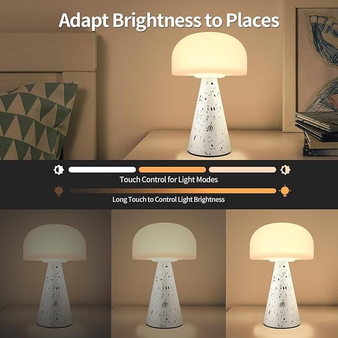 Levigo Cute Mushroom Table Lamp with Touch Switch, Natural Style Portable Cordless LED Dimmable Soft Light Lamp (Black)