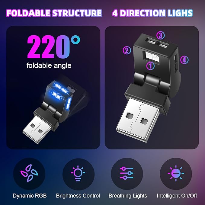 Frienda 4 Pcs Mini USB LED Light Car LED Interior Lighting 5v RGB Portable Ambient Lighting Adjustable 8 Color and Brightness Smart USB Night Lamp for Cars Laptop Keyboard Atmosphere, Type A