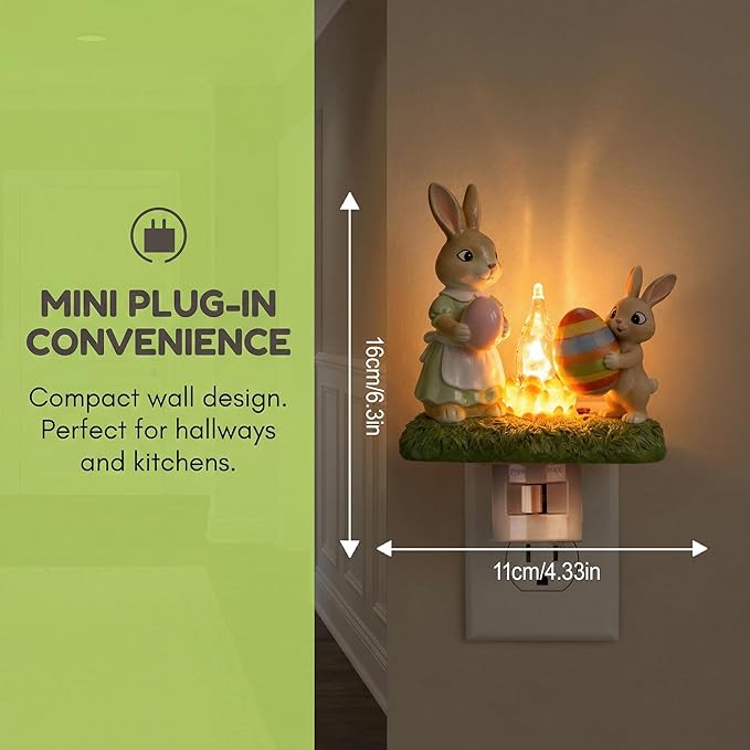 Easter Night Light - Bunny Campfire Plug in Wall, Mother & Baby Rabbit Lamp with Flickering Flame, Handmade Resin Easter Home Decor, Warm Nightlight for Bedroom Nursery or Festive Gift