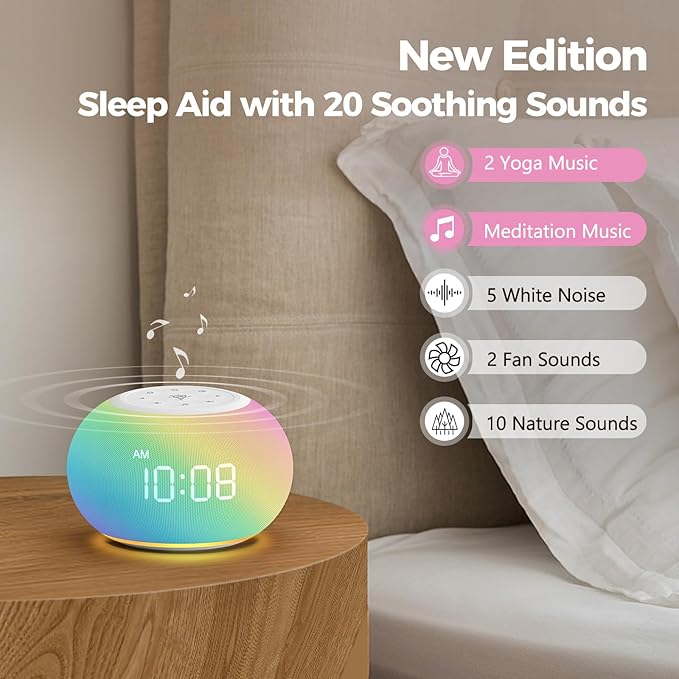 Reacher Auto-Dimmable Alarm Clock Sound Machine with Night Light, 20 Soothing Sounds, Auto-Off Sleep Timer, Precise 30-Level Volume, Small White Noise Machine for Adults, Bedrooms