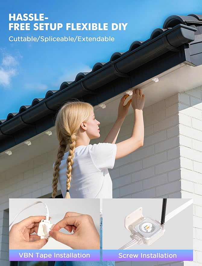 FNY Permanent Outdoor Lights 50ft Smart RGB with 30 LED, IP67 Waterproof for Outdoor Decor, App/Remote Control Eaves Lights Compatible with Alexa, Google Assistant, DIY Scene Modes for Christmas