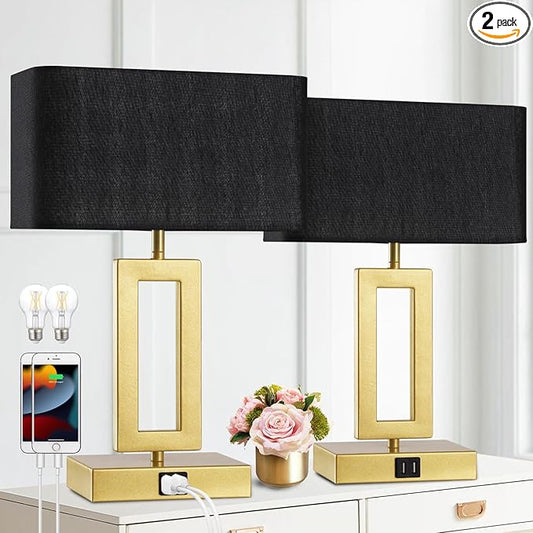 Black Table Lamps Set of 2 with Dual USB Ports,3-Way Dimmable Touch Control Bedside Lamps,Modern Bedroom Table Lamp for Living Room,Nightstand LED Bulbs Included