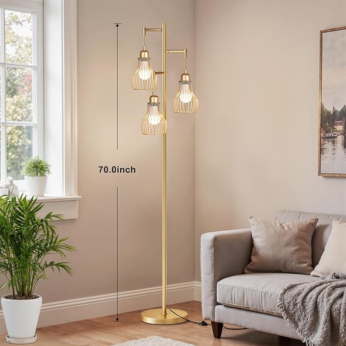 Dimmable Gold Floor Lamps for Living Room, Farmhouse Tree Standing Tall Lamp with Remote Control 3 Elegant Cage Shade LED Bulbs for Bedroom Office - Gold