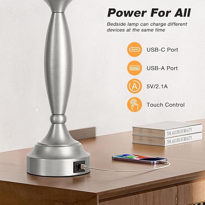 25.5" Lamps for Bedrooms Set of 2 - Touch Bedside Lamp with USB C+A, 3 Way Dimmable Nightstand Lamps with USB Port, Brushed Nickel Table Lamp for Living Room Bed Side End Table（bulbs included）
