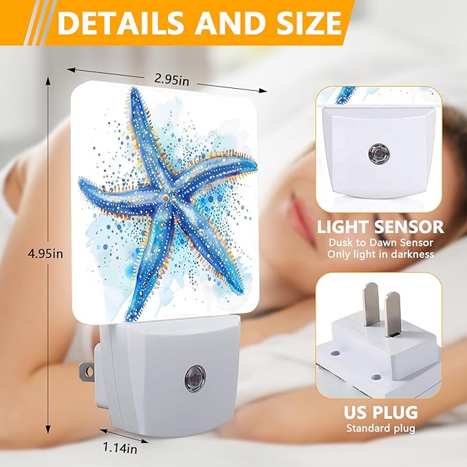 Watercolor Starfish Night Light, Plug-into Sea Beach Nightlight White LED Lamp, Energy Efficient Decor Desk Lamp for Bedroom Hallway Stairs Bathroom