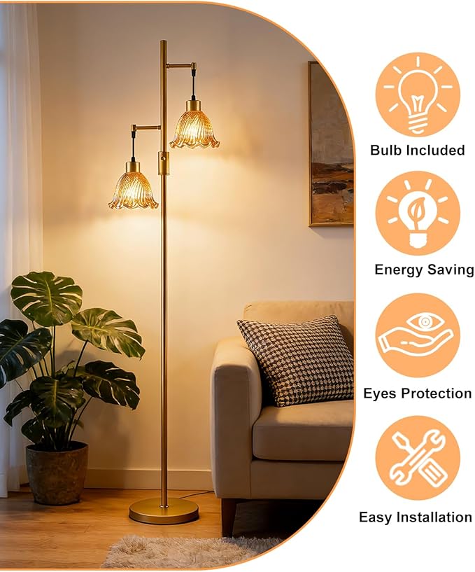 65IN Glass Floor Lamp, 2-Light Gold Tall Standing Lamps Dimmable with Brown Glass Lampshade, 3000K Warmwhite Mid Century Modern Floor Lamp for Living Room/Bedroom/Sofa Beside/Home Decor