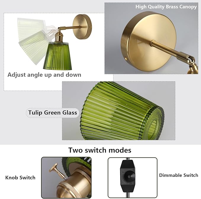 HuisMier Plug in Wall Sconces, Vintage Green Stripe Glass Lampshade Wall Lighting Fixture with On/Off Switch, Brass Wall Sconce for Bedroom Bathroom Living Room Hallway, Plug in