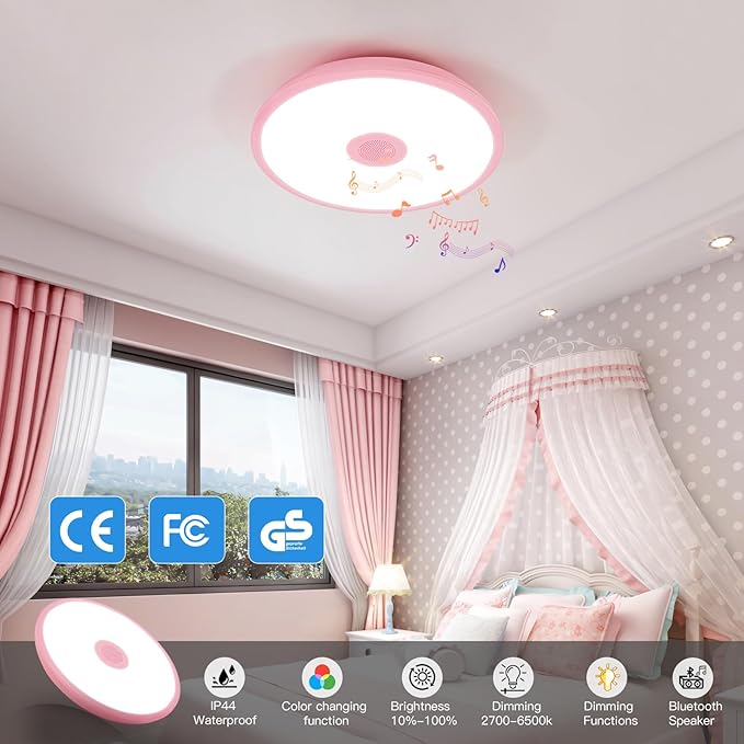Pink Waterproof LED Ceiling Light Fixture,Music Ceiling Lamp,with Bluetooth Speaker,11Inch 18W, 2700K-6500K Dimmable RGB Color Changing Light with Remote Control,Suitable for Girls' Room