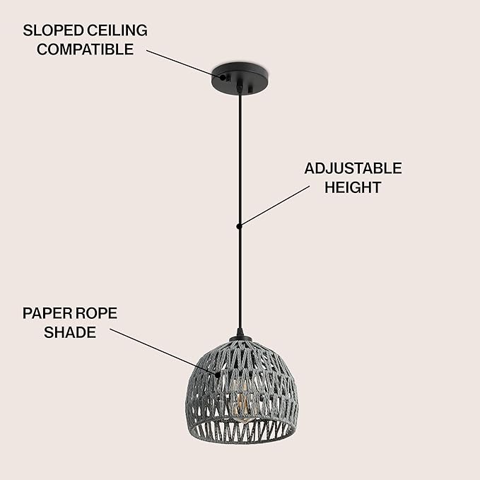 JONATHAN Y 8.25" Gray Modern Bohemian Woven Rope LED Pendant Light Fixture, Adjustable Dome Ceiling Lamp for Kitchen Island, Rope Shade, Coastal Farmhouse Decor (JYL6512D)