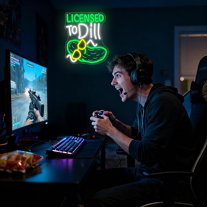 Licensed To Dill Neon Sign for Wall Decor Cartoon Pickle Neon Sign Dimmable Anime LED Light for Game Room Bedroom Party Pickle Bar Man Cave Birthday Gifts Size 13.7 * 11.4 Inch(TWP329)