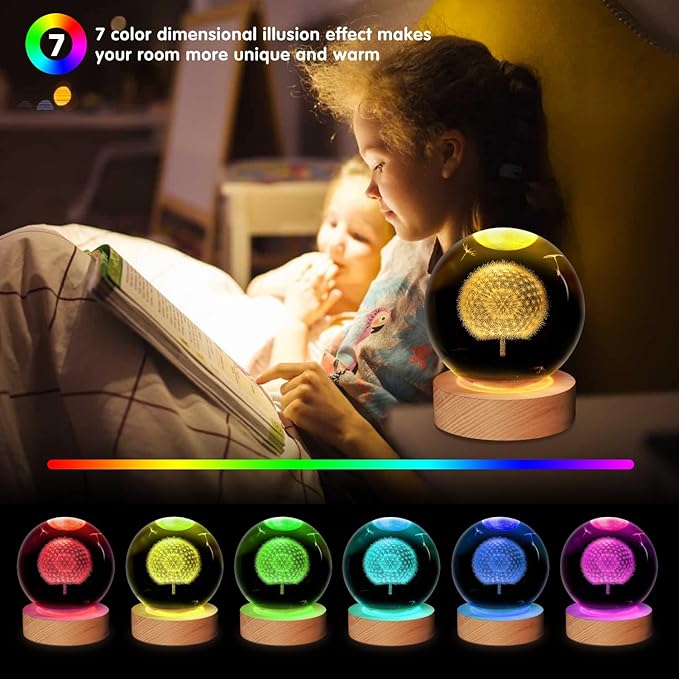 3D Crystal Ball Dandelion Lamp,3.15inch Multi-Color Changing Bedroom Decor Night Lights,Christmas Birthday Gifts for Boys,Girls