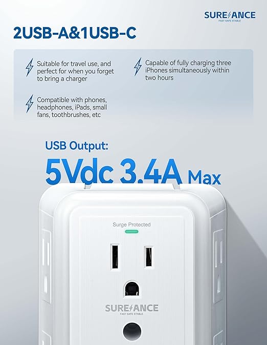 Multi Plug Wall Outlet, SUREANCE 6-Outlet Extender with Night Light, 3 USB Ports, 3-Sided Power Strip with Adapter Spaced Outlets,1050J Wall Charger, for Home Office Dorm Essentials