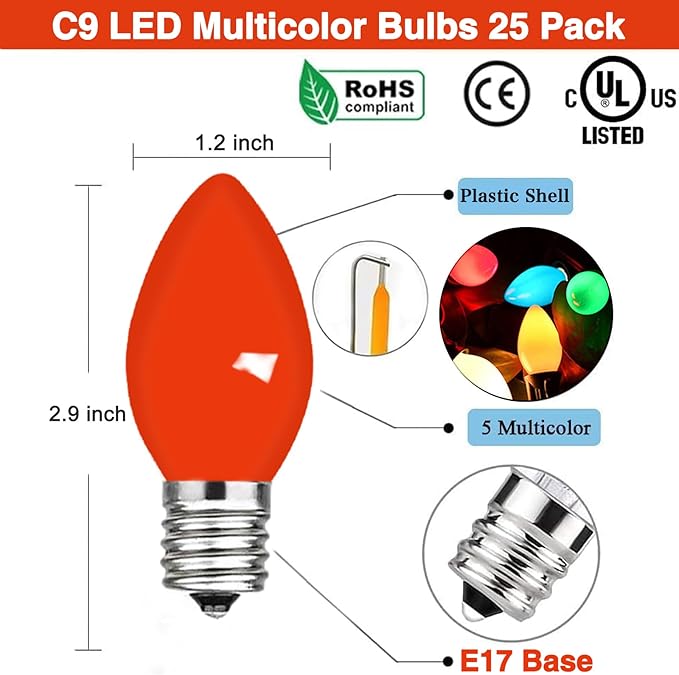 25 Pack C9 Replacement Christmas Light Bulbs, 0.6 Watt C9 Multicolor Ceramic LED Light Bulbs for Christmas Indoor Outdoor Patio Halloween Party String Lights, C9/E17 Candelabra Base