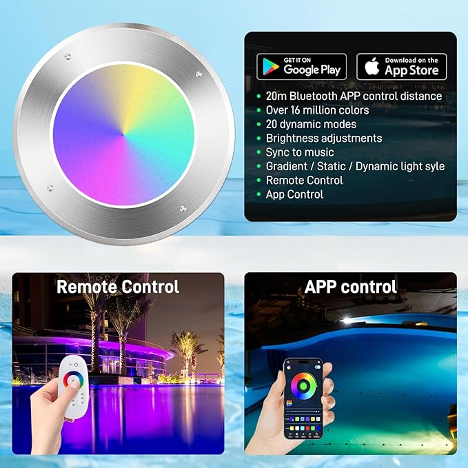 VINGLI 10in LED Swimming Pool Light 54W 120V RGBW Color with 3 Control Way (App/Remote/Manual Controller) for Inground Pools,IP68 Waterproof,100 FT Cord
