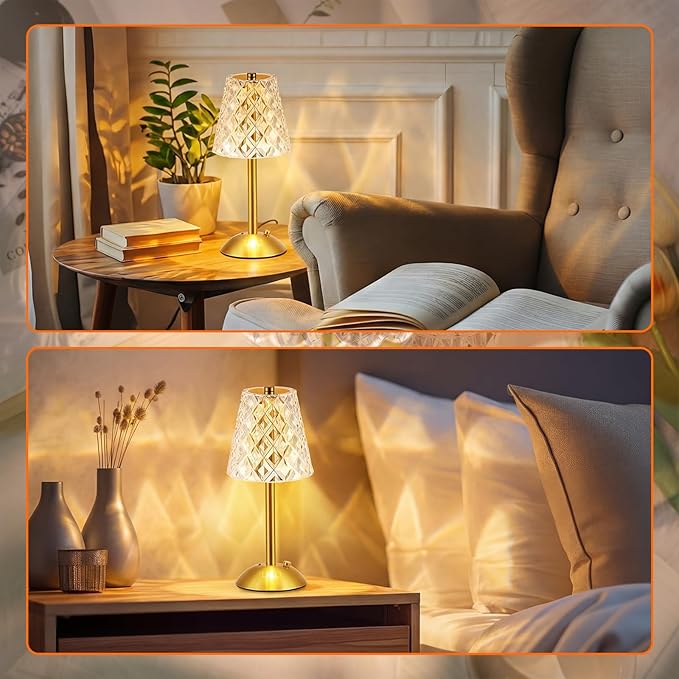 Liliful 4 Pcs Cordless Table Lamp Rechargeable Touch LED Small Gold Portable Battery Operated USB-c Desk Lamp 3 Color Dimmable for Bedroom Living Room Dining (Gold,Diamond Style)