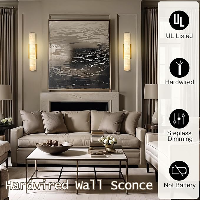 Gold Alabaster Wall Sconces Set of 2, Spanish Natural Marble Wall Sconce, 20" Brass Wall Sconce for Bathroom, Indoor Stone Wall Sconces Dimmable, Alabaster Wall Light for Living Room, Bedroom, Hallway