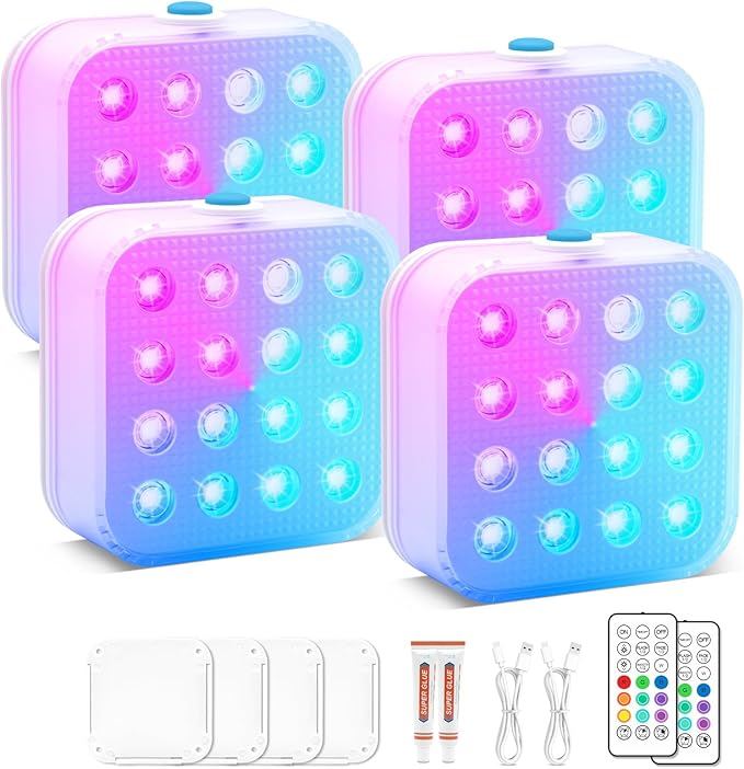 Creatrek Rechargeable Pool Lights with Remote, 16 Color Changing Submersible LED Lights, Waterproof Pool for inground, Ponds, Bathtub Decorations, 4 Pack
