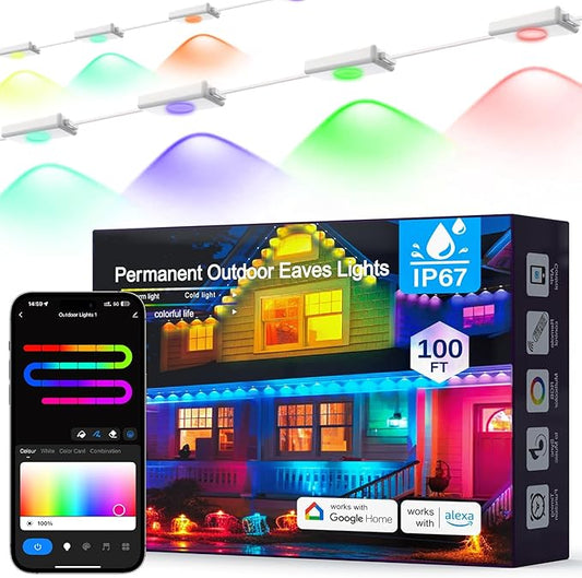 Permanent Outdoor Lights for House: 100FT Smart RGB+IC Eave Light for Halloween Christmas Decor,Warm/Cool White Lighting,IP67 Waterproof,Works with Alexa Google Assistant,White