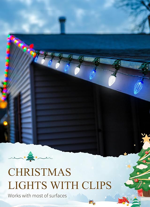 C9 LED Christmas Lights Outdoor, 99 Feet 150 LED String With 150 Spring Clips, Waterproof Connectable Christmas Tree Lights for Outside Roofline Patio Home Xmas Decor, Blue & Pure White