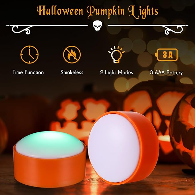 Riakrum 6 Pieces Remote Timer LED Lights with Remote LED Pumpkin Lights Battery Operated Lantern Bright Flameless Candle(Orang, Green Light)