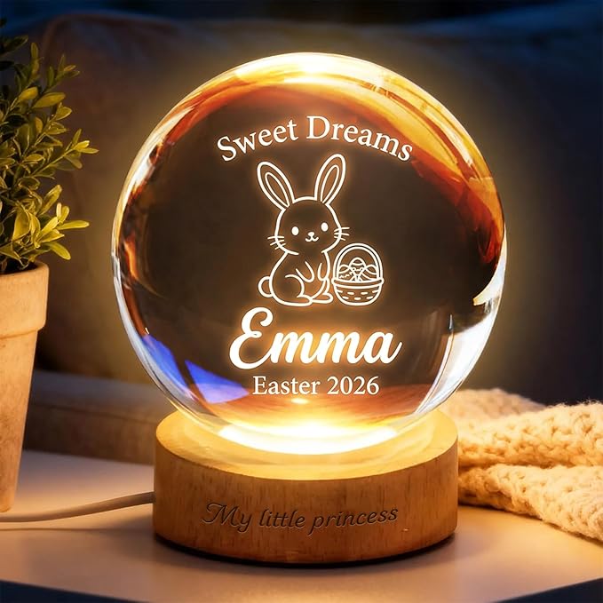 Personalized Easter Bunny Crystal Ball LED Lamp, Custom Name Glass Globe Night Light, Sweet Dreams Engraved Spring Home Decor Accent Light with Wooden Base, Easter Keepsake Gift for Family Display