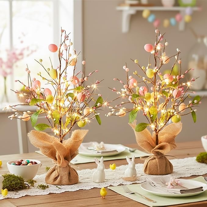 Vanthylit Easter Decorations, 2 Pack Easter Tree with Eggs Artificial Battery Powered Tabletop Centerpiece Lighted Artificial Tree for Holiday Party Spring Home Decor
