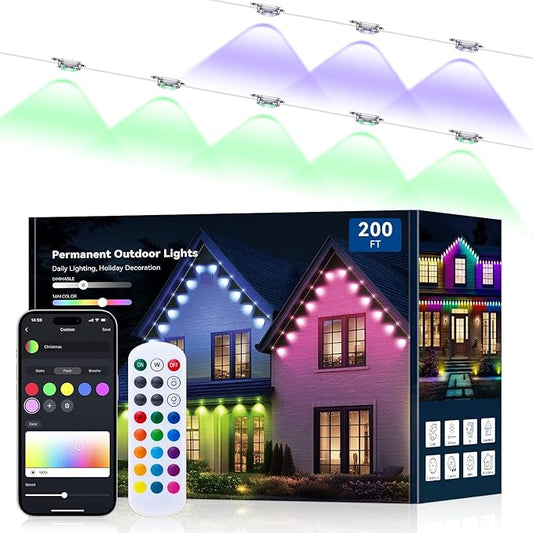 200FT Permanent Outdoor Lights -RGB Eaves Lights with App Control Remote,DIY Scene Modes IP67 Waterproof Outside LED Light for Christmas, Holiday, Daily, House Roof Eternity Lighting