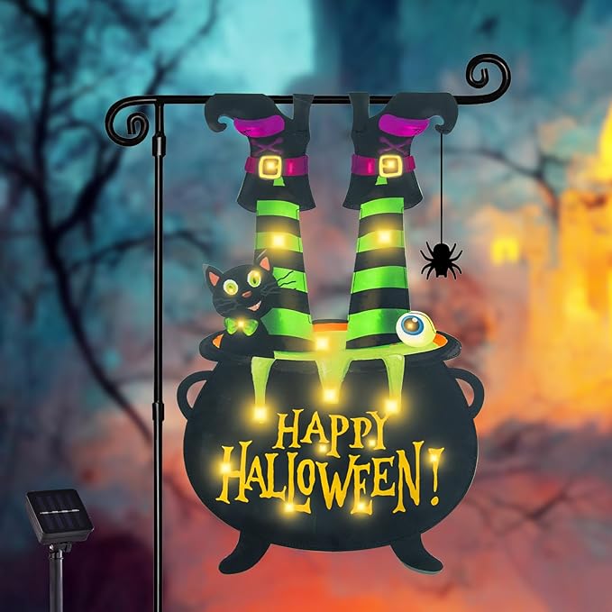Halloween Lighted Garden Flag, Solar Welcome Ghost Yard Flag for Outside, 8 Modes Double Sided Welcome Halloween Ghost Outdoor Decorations for Home Porch