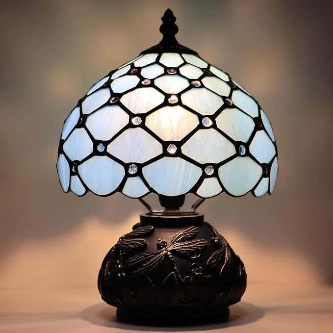Small Tiffany Mushroom Table Lamp,Mini Memory Sympathy Antique lamp 8X11 Inch (Sea Blue Beads)