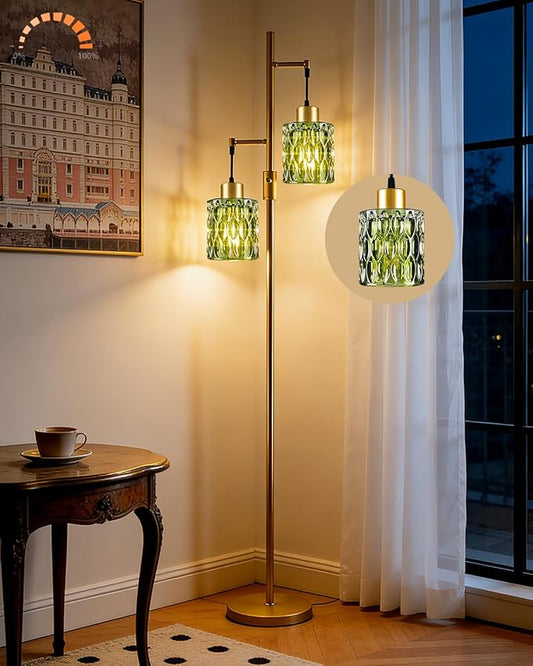 65IN Glass Floor Lamp, 2-Light Gold Tall Standing Lamps Dimmable with Green Glass Lampshade, 3000K Warmwhite Mid Century Modern Floor Lamp for Living Room/Bedroom/Corner
