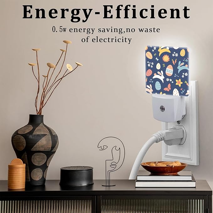 Easter Bunnies and Eggs Night Light, Colorful Rabbits and Flowers Dusk to Dawn Night Light Plug in,0.5w Energy Saving Sleep Friendly NightLight for Kids Boys Girls Home Decor