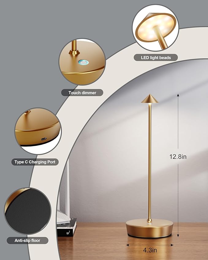 LED Cordless Table Lamp Rechargeable - 6000mAh Battery Operated Waterproof Desk Lamp 3 Color Stepless Dimming Touch Lamps Memory Light for Home Restaurant Dining Outdoor Patio Set of 2 Bronze