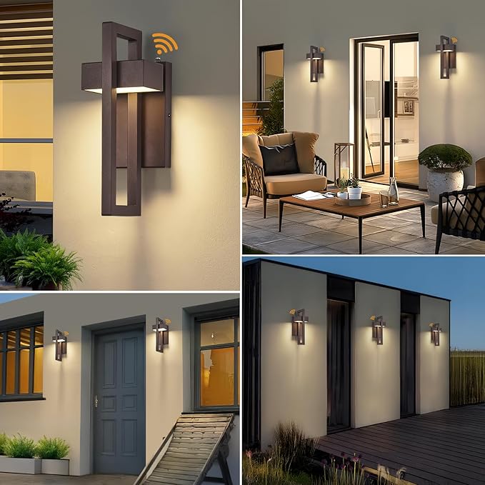 tewei LED Outdoor Wall Sconce Dusk to Dawn Outdoor Lighting, Modern Exterior Lighting Fixtures, Brown LED Front Porch Lights Outside Wall Mount Lights for House, Hallway, Warm White 3000K, 1 Pack