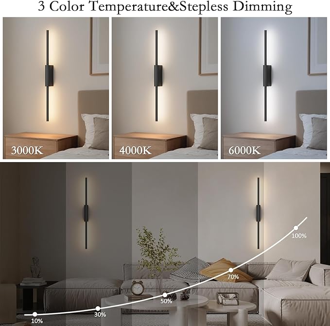 23.6In Battery Operated Wall Sconces Set of Two,10000mAh Rechargeable Sconce 3 Colors Dimmable Wireless Sconces for Living Room