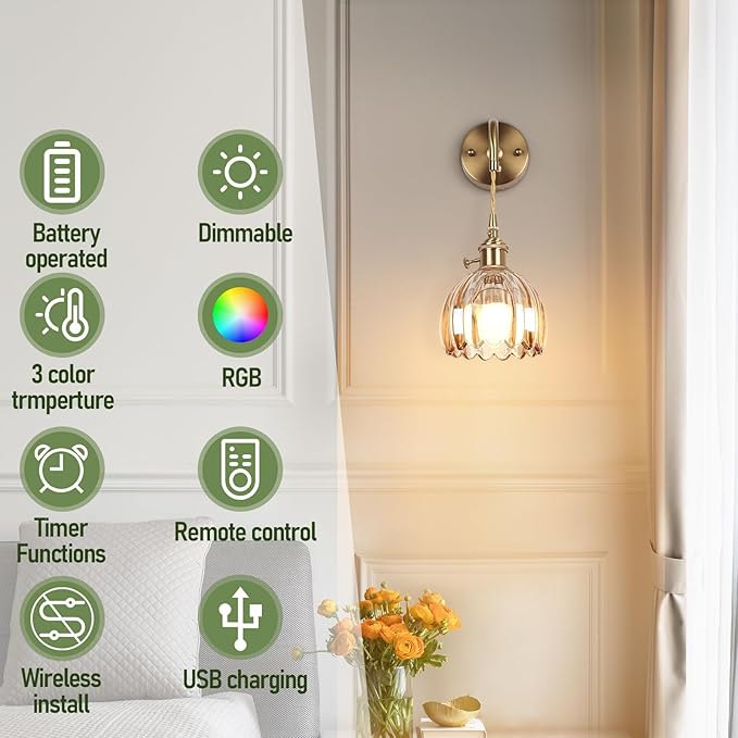 Vintage Wall Sconce, Battery Operated Wall Sconce with Amber Tulip Glass Lampshade, Indoor not Hardwired Wall Sconces with Remote, Rechargeable Vintage Wall Lamp, for Bedroom Living Room