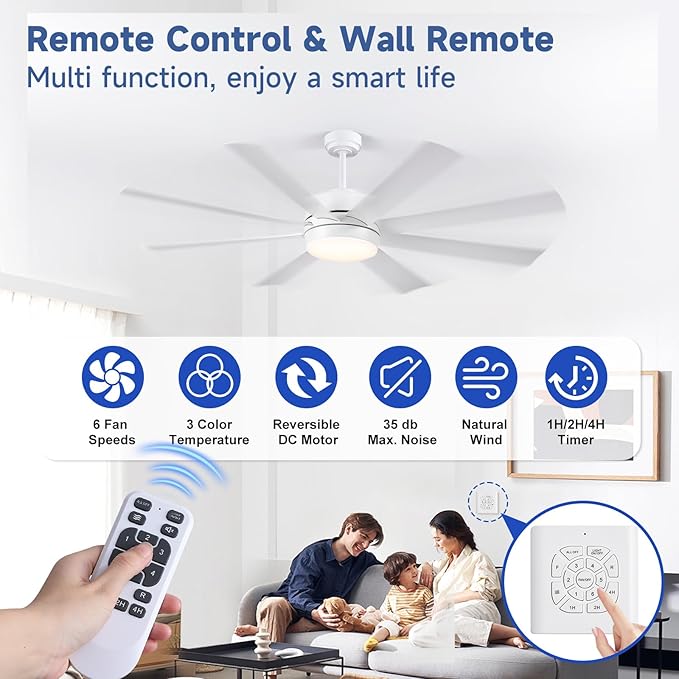 60 Inch Ceiling Fans with Lights, Ceiling Fans with Lights and Remote, Dimmable, Indoor/Outdoor White Modern Ceiling Fan for Kitchen Living Room Patio, Shop Industrial, Dual Finish 8 Blades