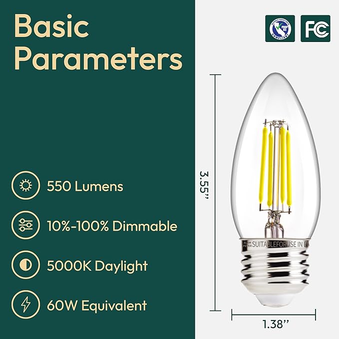 ALAMPEVER Dimmable 6-Pack B11 Candelabra LED Light Bulb, 60W LED Chandelier Light Bulb, E26 Base, 5000K Daylight, 550LM