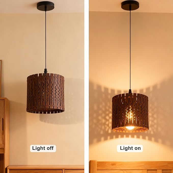 Farmhouse Rustic Wood Drum Pendant Light, 1-Light Rural Ceiling Hanging Lamp Lighting Fixture with 7" Lampshade, Boho Chandelier for Kitchen Island Hallway Dining Room Dark Brown