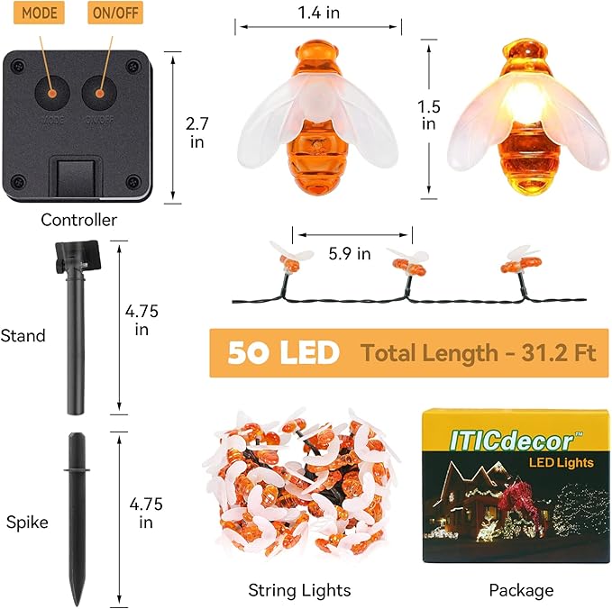 ITICdecor Solar Bee String Lights Outdoor Waterproof 50 LEDs 8 Modes Honeybee Fairy Light Outdoor Lights Patio Garden Fence Yard Wedding Christmas Tree Decor