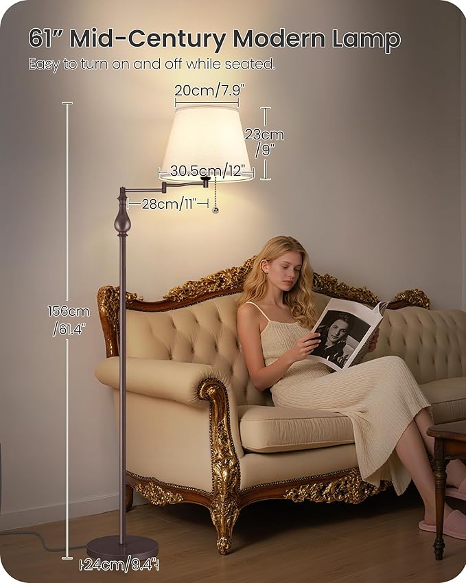 Vintage Floor Lamp with 350°Adjustable Swing Arm, 61” Mid-Century Modern Floor Lamp, Standing Pole Lamp with Pull Chain Switch, Antique Reading Lamp for Living Room, Bedroom, White and Brown VW13LD05