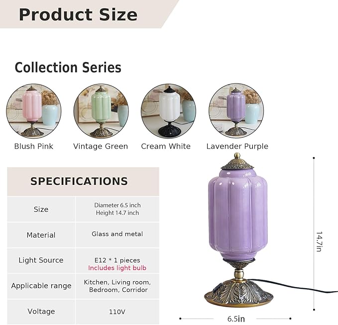 Vintage Purple Glass Touch Table Lamp, Elegant MilK Glass Bedside Desk Lamp 3 Way Dimmable with USB C+A Charging Ports - Bedroom Nightstand & Living Room Essential, 4W Bulb Included (Purple, 6.5)