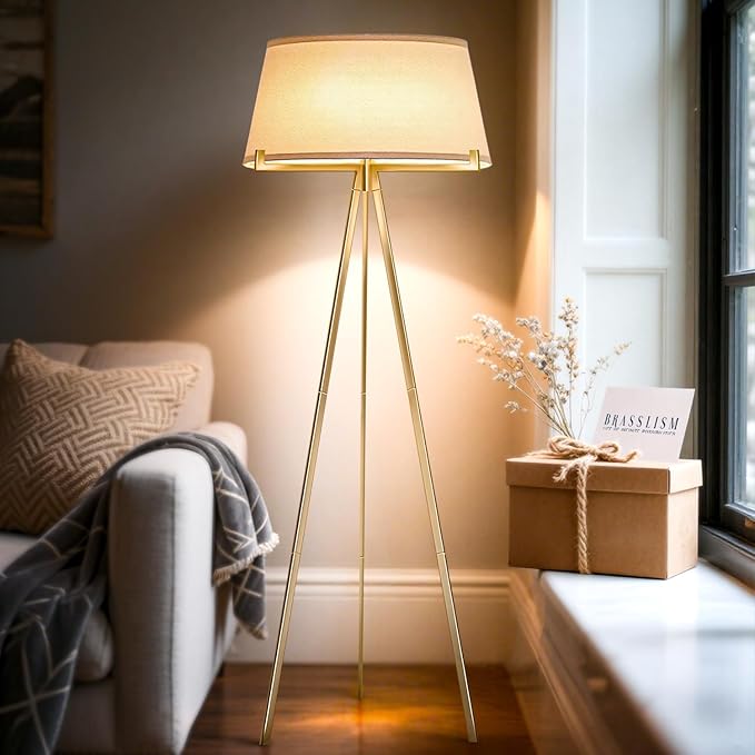 Tripod Floor Lamp with Linen Drum Shade, Tripod Lamps for Living Room，Mid Century Modern Floor Lamp，Modern Polished Brass Finish Reading Standing Lamp for Living Room, Bedroom, Office