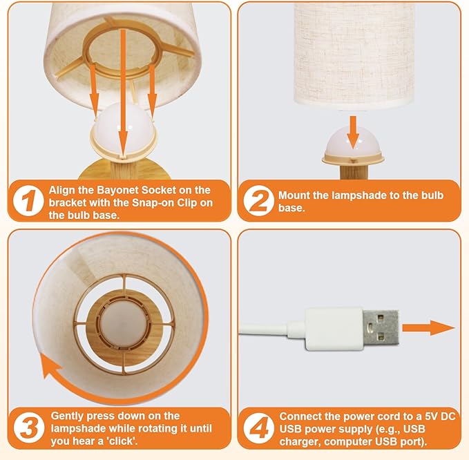Touch Bedside Table Lamp - Stepless Dimming USB Powered, Minimalist Wood Base Linen Shade, 2700K Warm Light for Bedroom Nightstand Nursery Dorm Small Spaces, 5W LED 50K Hrs (No Bulb Replacement)