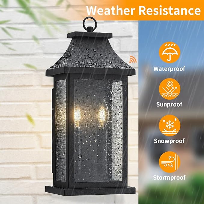 tewei 18'' Dusk to Dawn Outdoor Light Fixture, Porch Light Outdoor Wall Sconce Lights, 2-Light Black Exterior Lighting Fixture Wall Mount, Outside Light for House Garage, 1-Pack