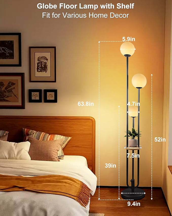 Lightdot Full Dimmable Floor Lamp for Living Room 3-Globe Standing Lamp with Table Candle Holder Style Black Tall Lamps for Bedroom/Sofa Beside/Corner Decor with 3000K Soft Warmwhite Bulbs Included