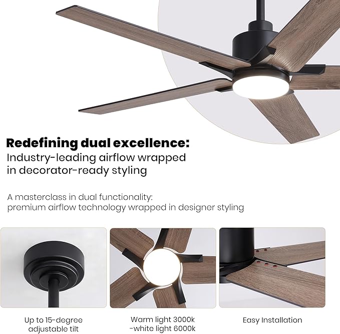 52 Inch Ceiling Fans with Lights and Remote Control for Bedroom, Modern Black Ceiling Fan with Quiet Reversible DC Motor, 3CCT, Dimmable, LED Lighting for Living Room, Patio, Indoor and Outdoor