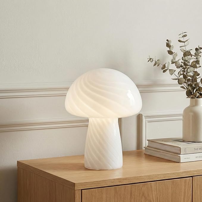 Brightech Mushroom Table Lamp 12.75" - Elegant Modern Glass Lamp for Bedside Tables, Nightstands, Desks, Bookshelves - Cozy Ambient Night Light with Warm White Lamp Living Rooms, Bedrooms - White