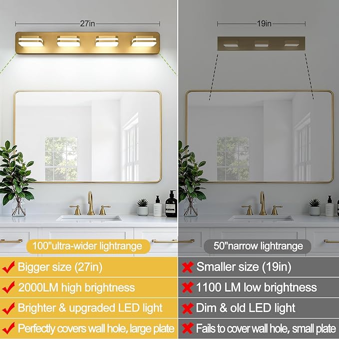 1600LM LED Modern Bathroom Vanity Light Fixtures, 360° Rotate Acrylic Gold Vanity Lights for Bathroom, Modern Wall Lighting Fixtures Over Mirror Kitchen Living Room (Natural White Light 5000K)